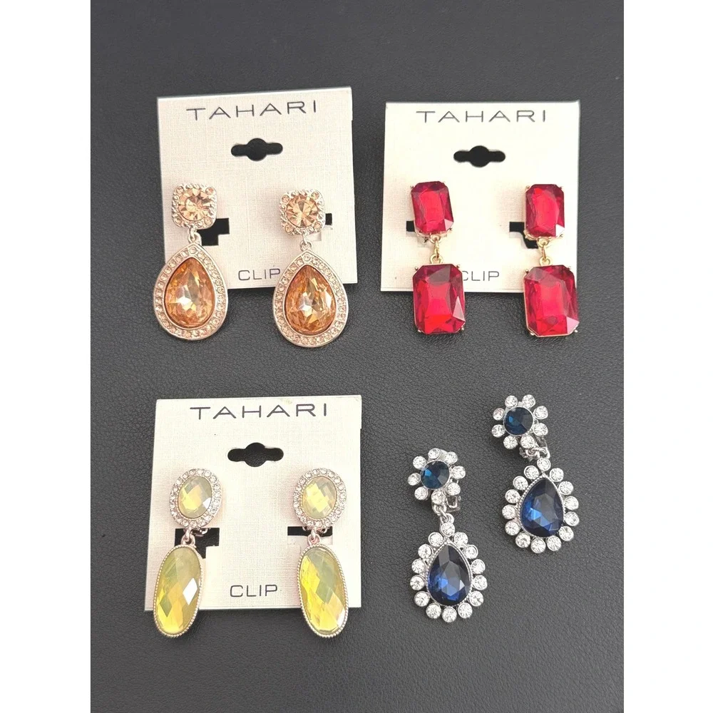 Tahari Earrings Lot of 4 Pair Clip Ons Rhinestone Drop Dangle Red Blue Yellow - Picture 1 of 9